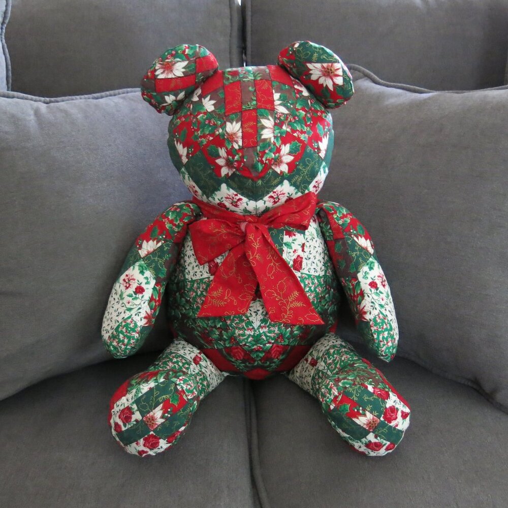 Handmade Collectible Red Green Floral Patchwork Christmas Fabric Bow Teddy Bear